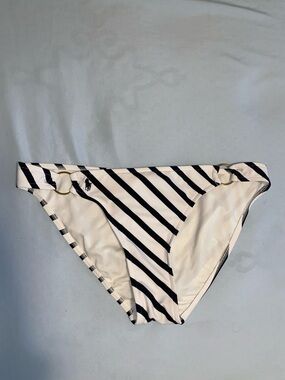 Ralph Lauren Navy and White Diagonal Stripe Bikini Bottoms with Gold Rings
